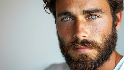 Obraz premium Portrait of bearded man with piercing blue eyes, intense gaze and curly hair, wearing white shirt, isolated against plain background.