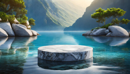 marble podium stands against a serene water background, perfect for product displays. The summer-themed scene exudes tranquility and sophistication, ideal for showcasing luxury items.