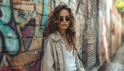 Obraz premium Stylish woman with sunglasses posing against a graffiti-covered wall in an urban alley, showcasing street fashion.
