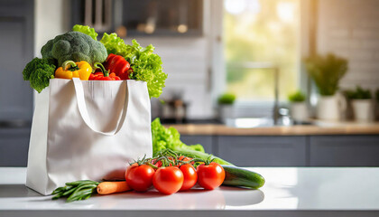white shopping bag filled with fresh vegetables sits on a white table, with a blurred kitchen background. It symbolizes health, sustainability, and conscious consumerism