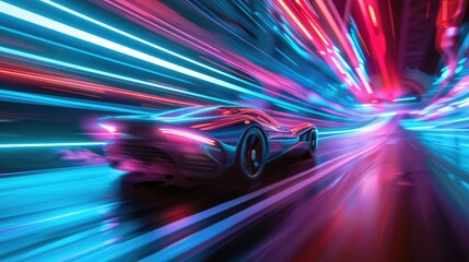 Racing car posters. Car race banner. close up futuristic car with high fast and speed neon city background, car on track with glowing light, night scene neon