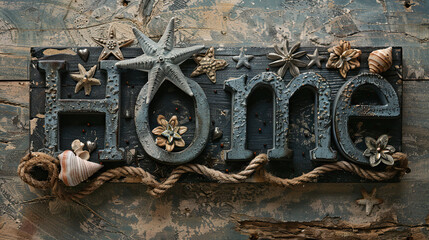 Fototapeta premium wooden word front or text Home in front of blue wooden background with sea shells , sea fish , starfish 