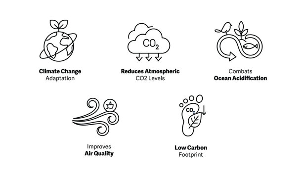 Benefits of Carbon Sequestration: Improves Air Quality, Low Carbon Footprint, Combats Ocean Acidification, Reduces Atmospheric CO2 Levels,Climate Change Adaptation. Editable Stroke and Colors.