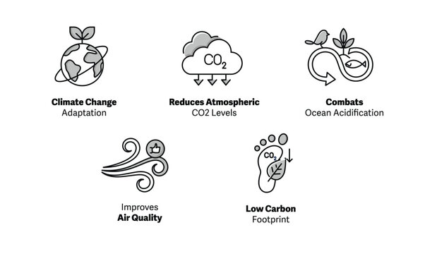 Benefits of Carbon Sequestration: Improves Air Quality, Low Carbon Footprint, Combats Ocean Acidification, Reduces Atmospheric CO2 Levels,Climate Change Adaptation. Editable Stroke and Colors.