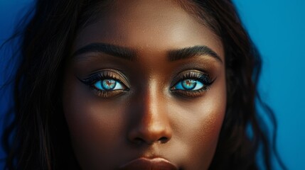 Fototapeta premium Photo of an African woman with striking blue eyes, intense gaze, and flawless makeup against a vivid blue background. The image is powerful and captivating, emphasizing beauty and strong features.