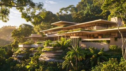 Fototapeta premium Photo of a modern architectural house with extensive use of glass and wood, surrounded by lush greenery. The image highlights the harmonious integration of the structure with its natural surroundings