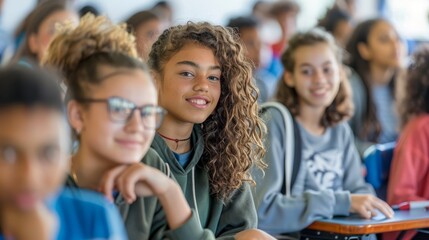 Fototapeta premium Back to school concept. Group of diverse high school students sitting in a classroom, smiling and looking attentive, with a focus on a curly-haired girl.
