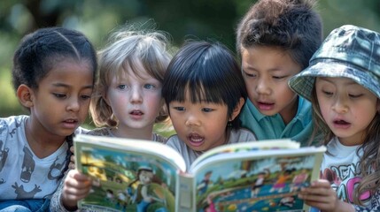 Back to school concept. Photo of a diverse group of children sitting on grass outdoors, reading books together, showcasing a multicultural and educational environment.
