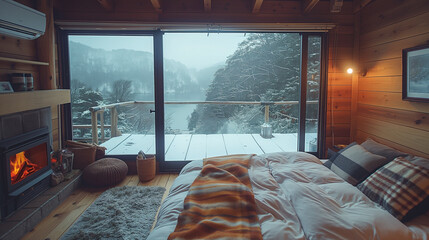 very small and cozy modern cabin bedroom fireplace window night view,