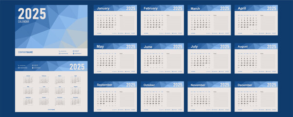 2025 calendar template. Set of annual and monthly calendar with cover page ready for print. Minimalist corporate style. Simple calendar for a wall or desk with week start on Sunday.