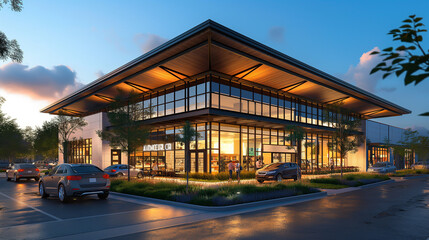 Modern illuminated restaurant exterior at dusk