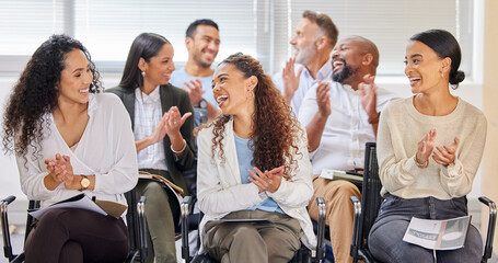 Business, crowd and happy applause in meeting, office and seminar or presentation with employee...