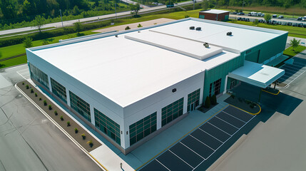 Obraz premium Modern industrial warehouse, aerial view, large parking lot