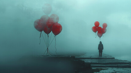 Photo of a depressed man black silhouette with red balloons on foggy smoke blur background, mental health awareness , a boy with his inner anxiety and depression shadow, Self care, love, acceptance 