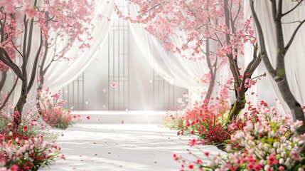 An elegant wedding ceremony decor, featuring delicate blossoms and white drapes.