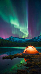 A glowing tent by a calm tranquil lake with the beautiful northern lights dancing in the sky