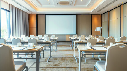 Modern conference room with arranged chairs and presentation screen