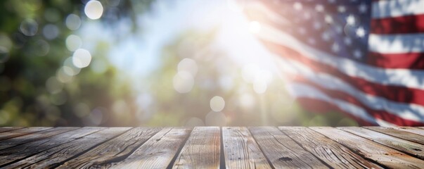 Close up of blurred wooden table with bokeh light and empty space in the background of an american flag Generative AI