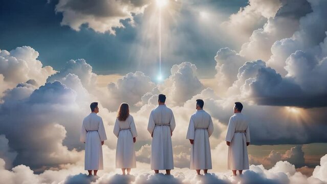People Standing in the Clouds Looking Toward Heaven 4K  features an A.I. generated video of people in white robes looking out at a cloudy sky with beams of light shining on them.