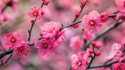 Close up view of pink plum tree blossom ornamentation