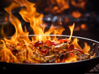 A skillet with a sizzling, fiery dish being cooked with flames rising high in a dramatic kitchen setting, showcasing culinary artistry and intensity.