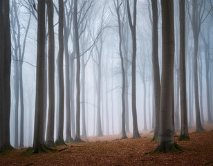 Magical beech tree foggy forest landscape.