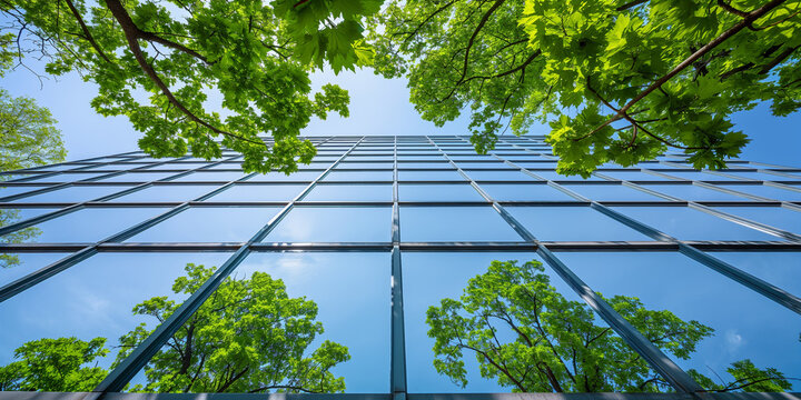 Business Geb&auml;ude Glas Fassade mit blauen Himmel und gr&uuml;nen B&auml;umen