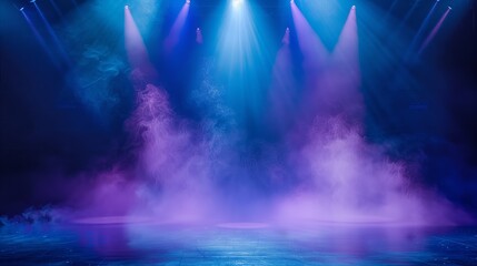 An empty stage, blue and purple lighting, light smoke.