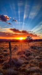 Fototapeta premium Vibrant Sunset Over Serene Field in Santa Fe, New Mexico with Radiant Sky, Grassy Landscape, and Majestic Silhouette of a Tree - Tranquility and Natural Beauty at Dusk