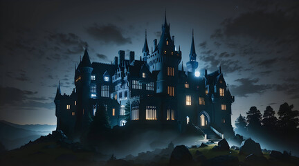 An ancient, gothic castle mansion, its walls a deep, dark blue, standing atop a rocky hill, surrounded by a thick fog 