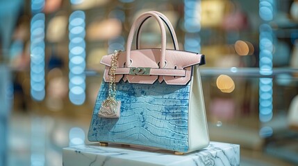 A designer handbag perched on a marble stand, set against a backdrop of soft bokeh lights from retail shelving, with subtle abstract shapes and nature motifs adding depth to the scene.