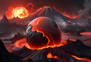 Volcanic sphere planet 3D.