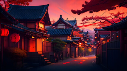 Obraz premium Traditional japanese houses in the twon with mountain in the background, red theme