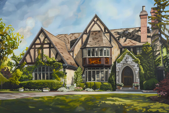 Tudor Style House (Encaustic Painting) - Originated in England in the 16th century, characterized by half-timbering, steeply pitched roofs, and decorative chimneys 