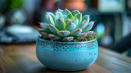 A potted succulent plant on the desk, bringing a touch of nature indoors and adding a subtle, refreshing green hue to the workspace.