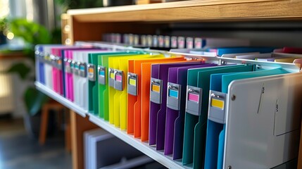 A set of clean, white file folders with colorful labels, organized neatly in a filing cabinet or on a shelf, making it easy to locate important documents quickly.