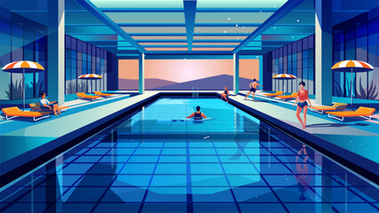 Blue water pool Luxury Hotel modern interior hotel rooftop pool with view of Mountain sunset landscape. Guests sit admire view, people swimming. Travel, Vacation, Hello Summer, kids camp, art