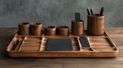 A set of matching, modern desk accessories, including a pen holder, business card holder