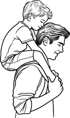 Happy father's day vector illustration, Man and child outline illustration, father and his son hand drawn