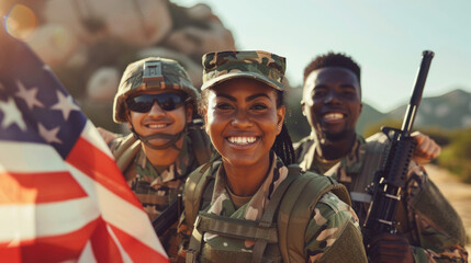 Fototapeta premium Group of soldiers standing together next to American flag