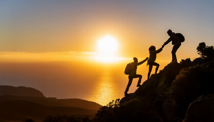 Group of people climbing a mountain in silhouette, helping each other to reach the summit. Teamwork and shared goals concept.