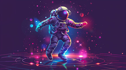 Fototapeta premium Astronaut wearing space helmet and suit in purple neon galaxy illuminated lighting background 