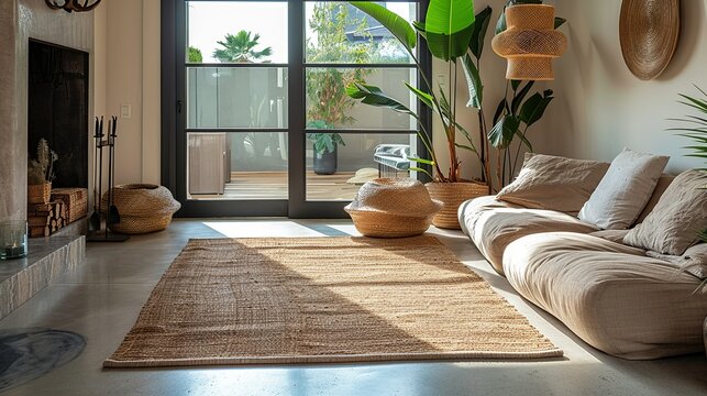 A stylish, contemporary rug in a neutral color, adding a touch of warmth and comfort to the office floor while maintaining the minimalist aesthetic.