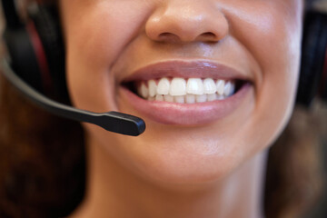 Mouth, microphone and woman in call centre for customer service, consulting and business crm....
