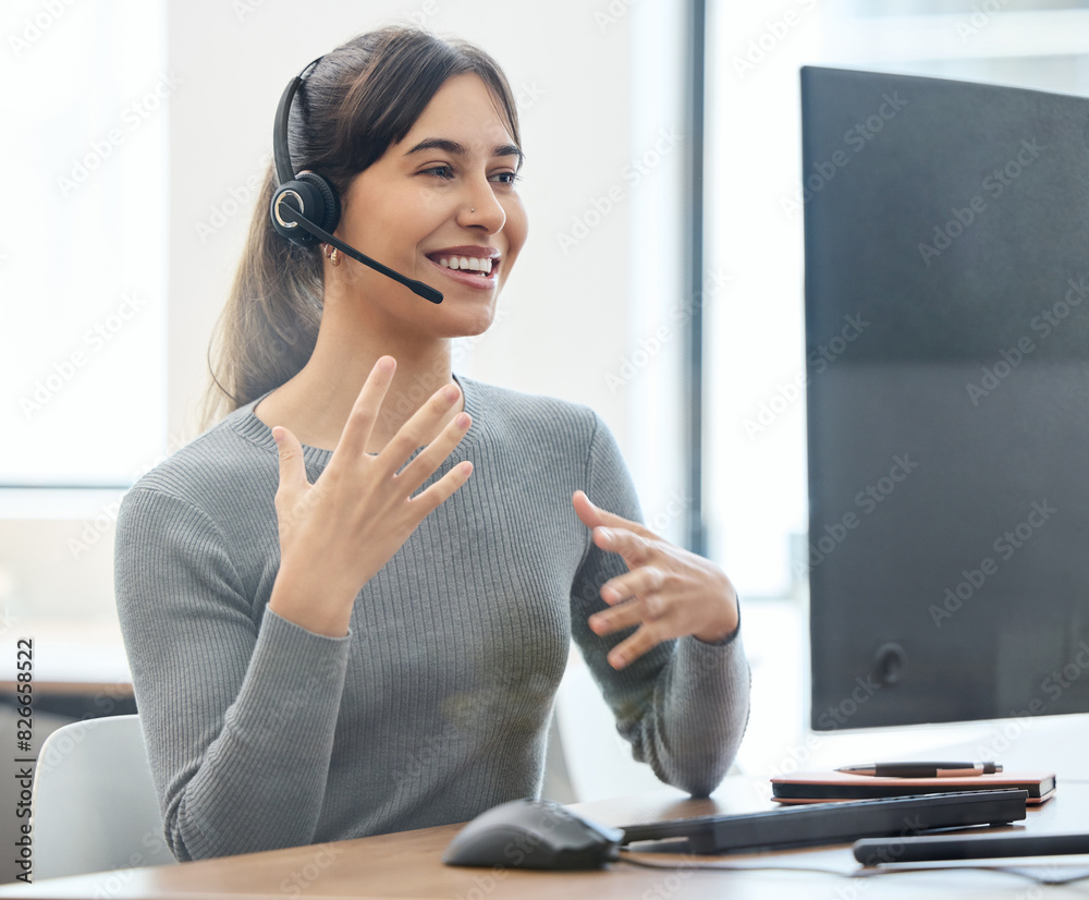 Poster call center, talking and woman with headset, computer and customer service in office and hand. crm, 