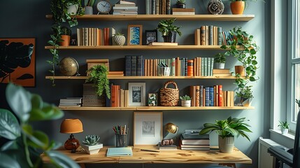 A wall-mounted bookshelf with a few carefully selected books and decorative items, adding a touch of personality and functionality to the office background.