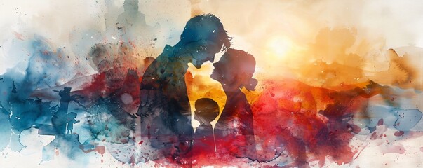 Abstract Family Silhouette, A watercolor painting featuring the silhouette of a family, blending warm and cool tones to evoke emotion and connection