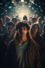 Fototapeta premium A young man stands in front of a crowd of people. The image is a photo of a man with a beard and long hair