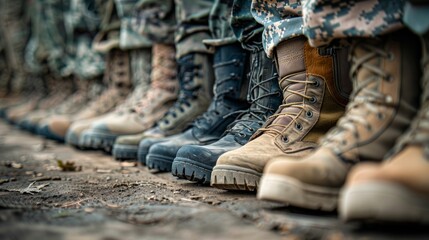 A line of military boots neatly arranged against a wall