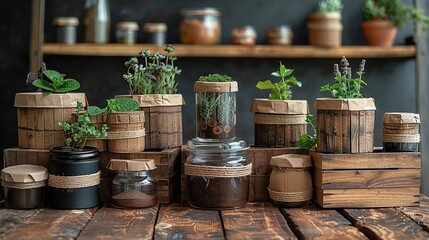 Fototapeta premium A range of eco-friendly packaging options, such as biodegradable paper boxes and reusable glass jars. These items emphasize sustainable materials and designs.